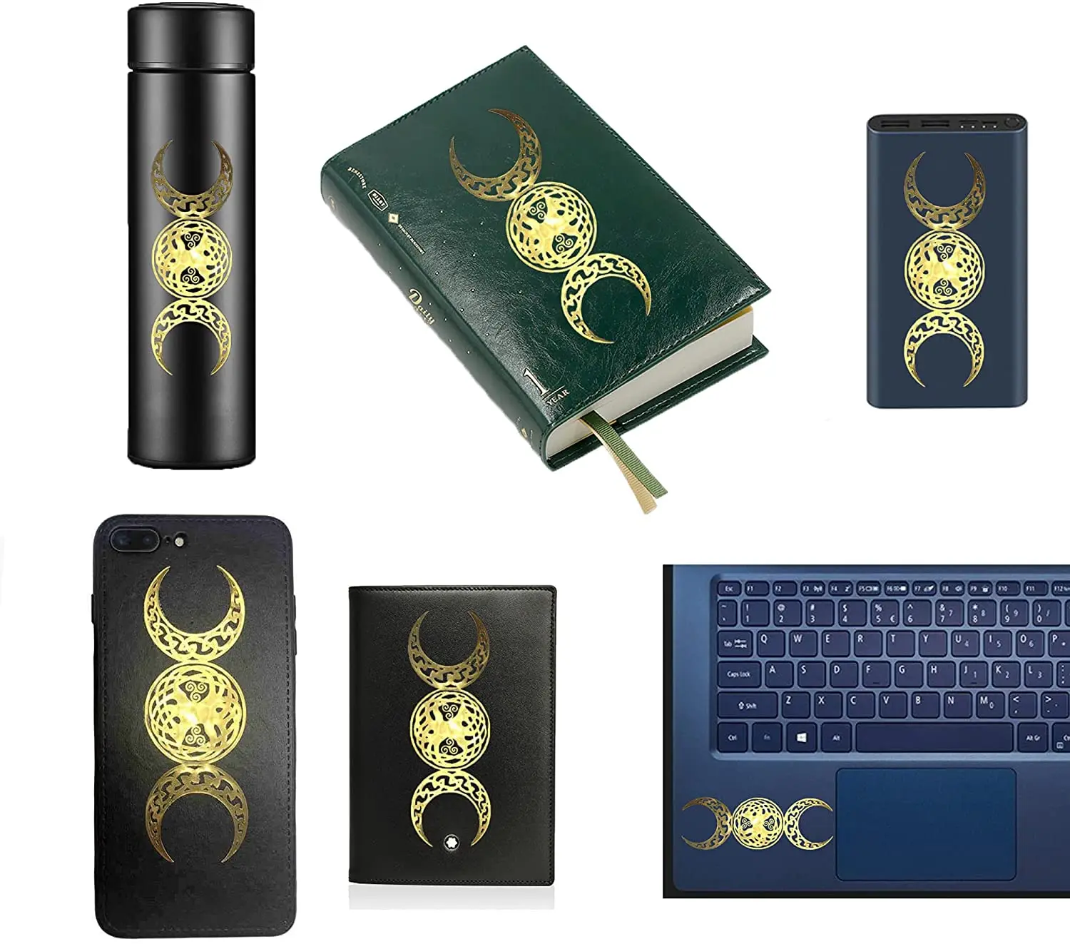 Triple Moon Goddess Symbol | Contains Tree of Life & Celtic Spiral Metallic Decal Sticker for Laptop Phone Case Car Bike etc.