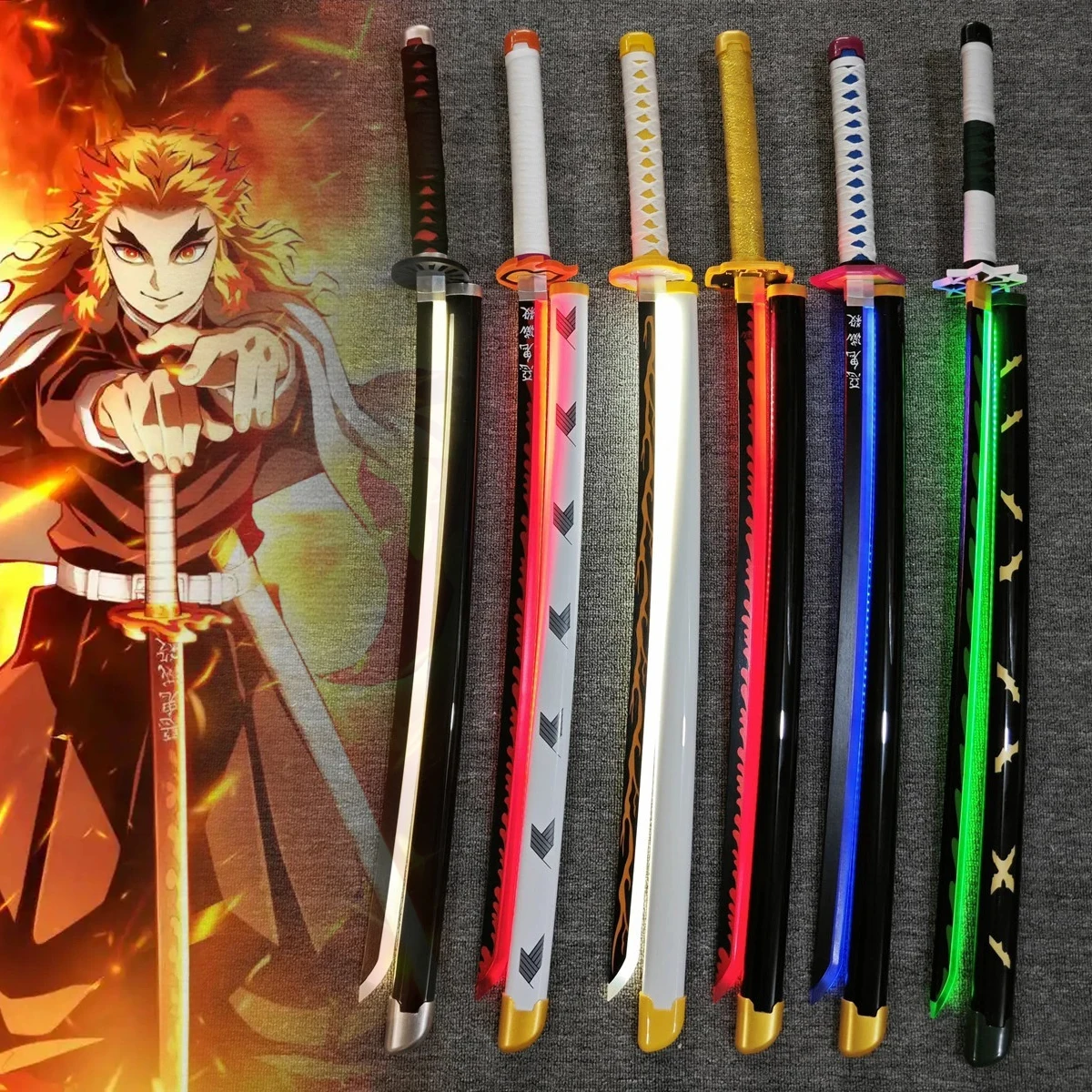 31/40inch Demon Slayer Katana Luminous Sword LED Light Kyoujurou Anime Cosplay Prop Real Japanese Katana Samurai Lightsabre Gift