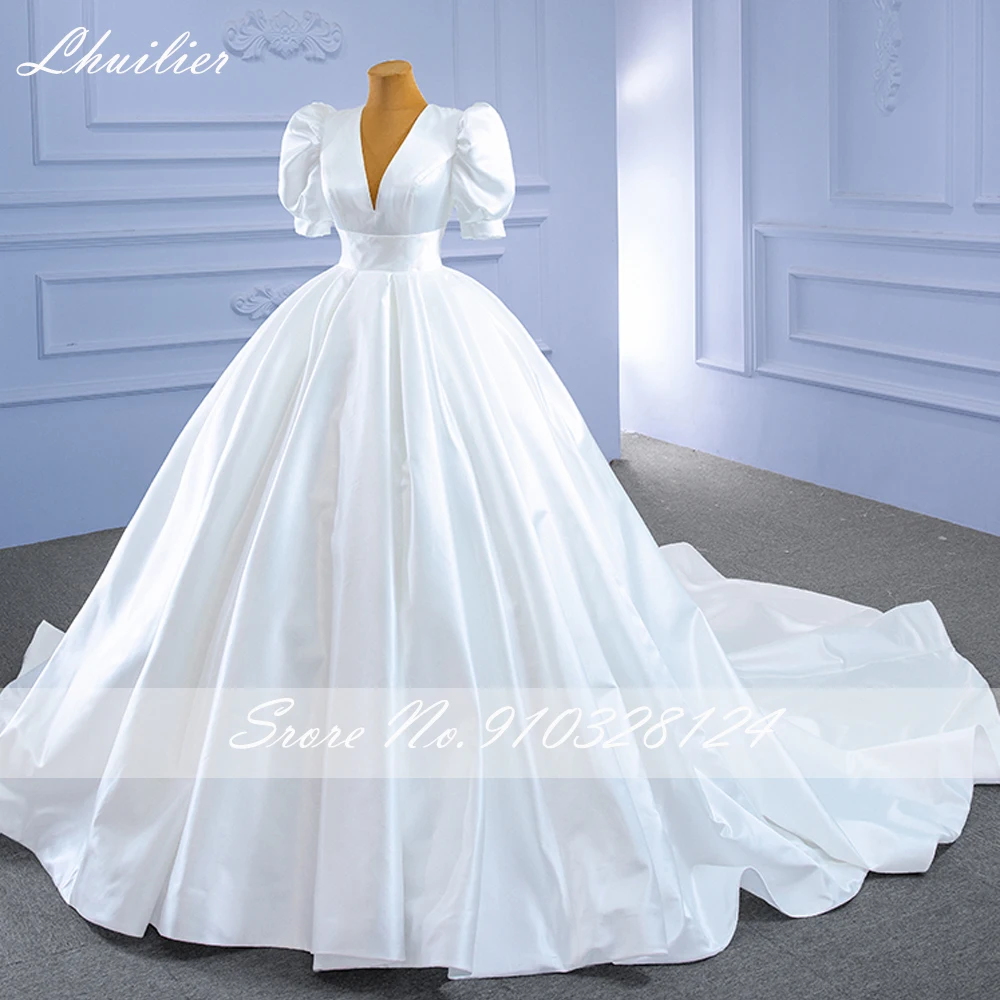 Lhuilier Customized V Neck Ball Gown Satin Wedding Dresses Short Puff Sleeves Bridal Gown with Chapel Train