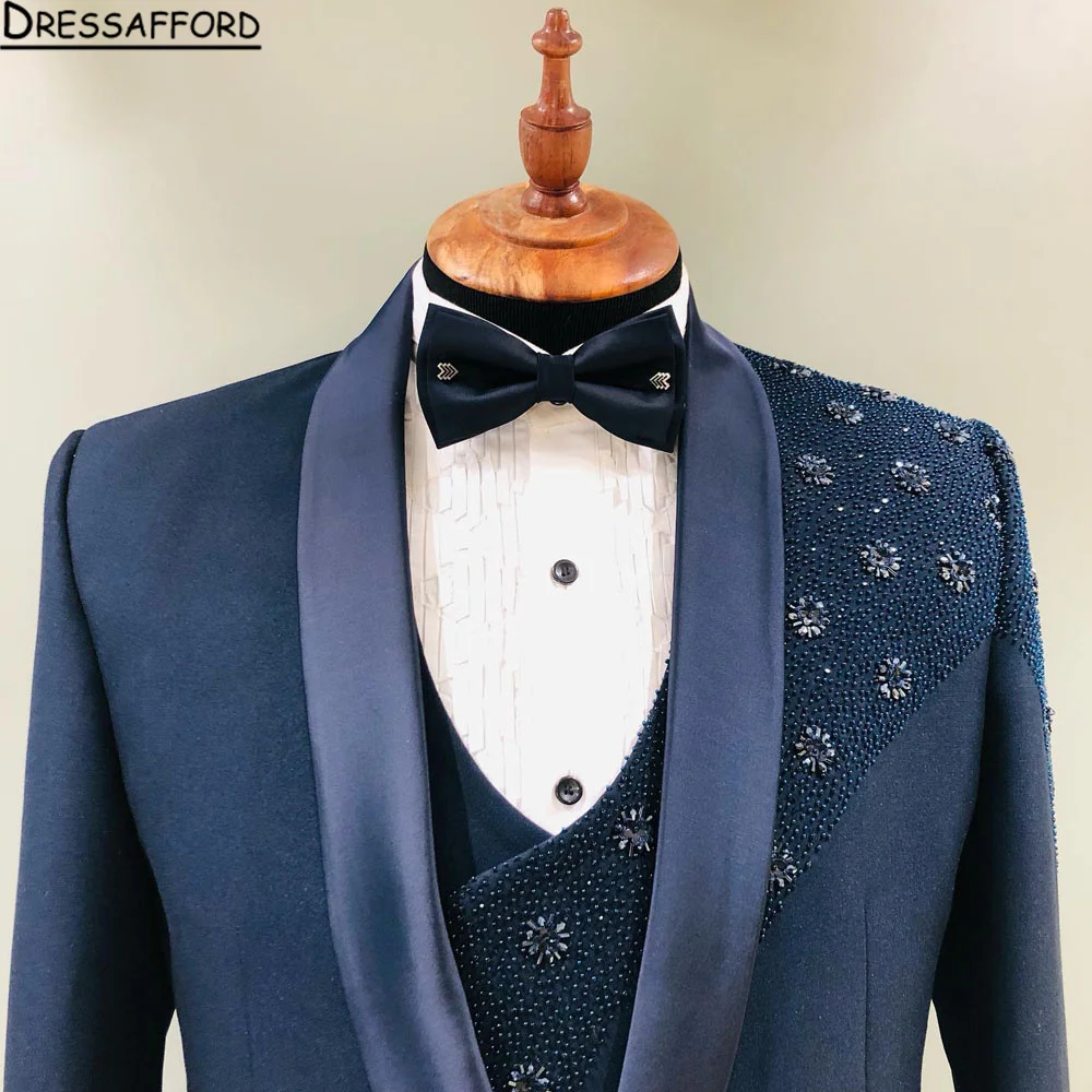 Blue Pearls Crystal Blazers Men Suits Fashion Banquet 2 Piece Business Jacket Pants Trousers