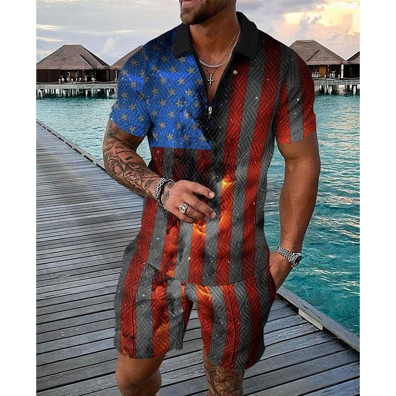 New Style Summer Men's Clothing Fashion Print Lapel Short-Sleeved Polo Shirt And Shorts Two-Piece Sets