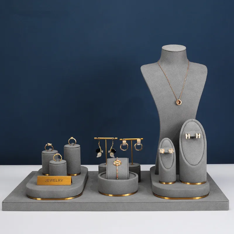 

Gray Luxury Microfiber Business Exhibition Showcase Earrings Necklaces Rings Organizer Jewelry Display Stand Set rack