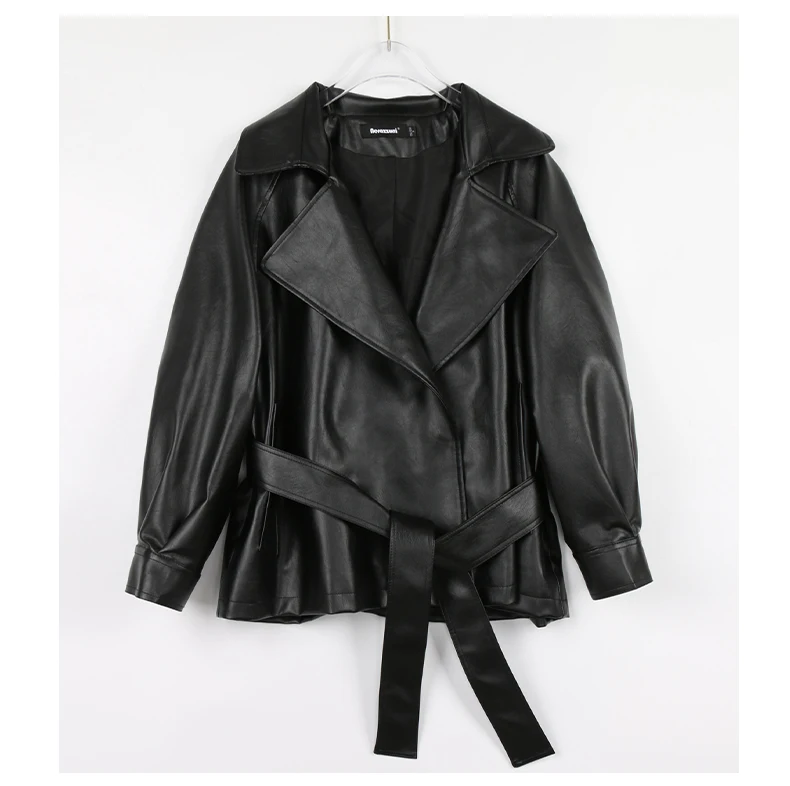 Mauroicardi Spring Short Fitted Brown Soft Lightweight Pu Leather Jacket Women Raglan Sleeve Sashes Black Fall Clothes 2025