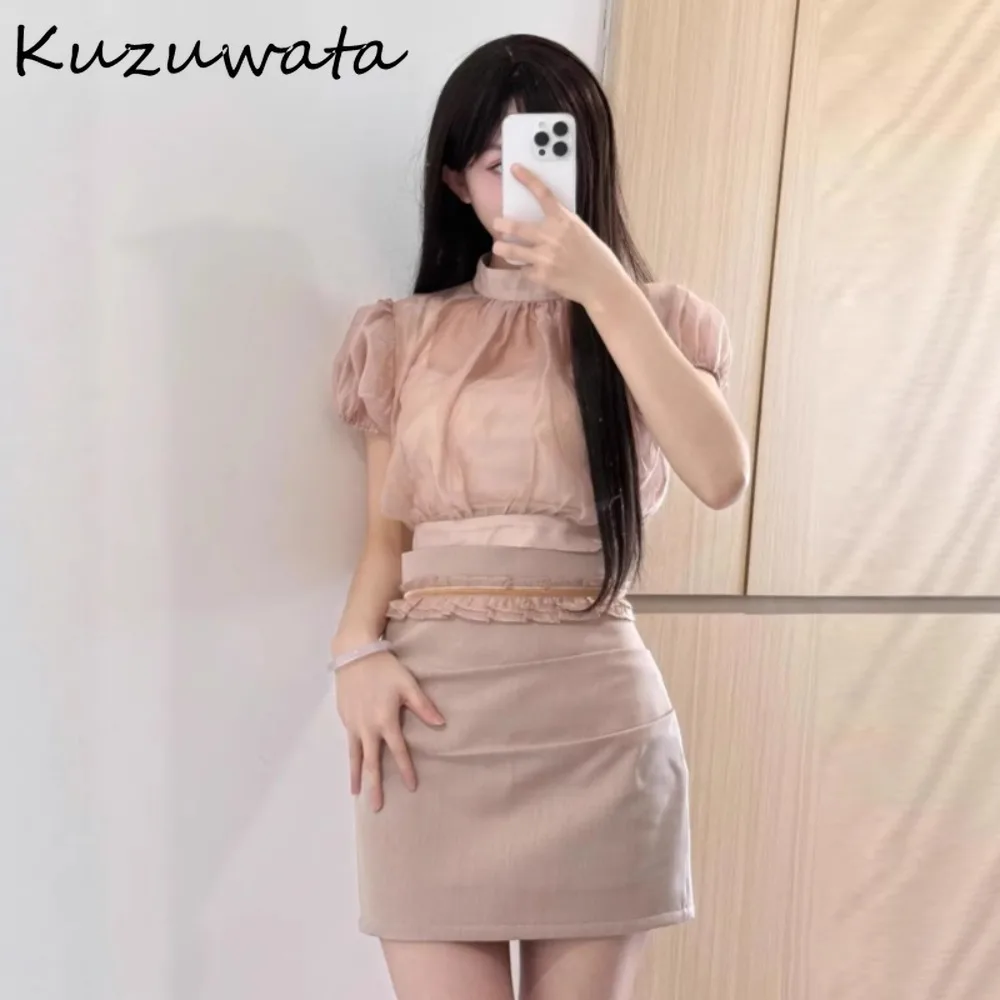 

Kuzuwata Chiffon Princess Half-high Collar Puff Sleeve Shirt Sweet Fresh Ruched Fungus Blouses Japan All-match French Style Tops