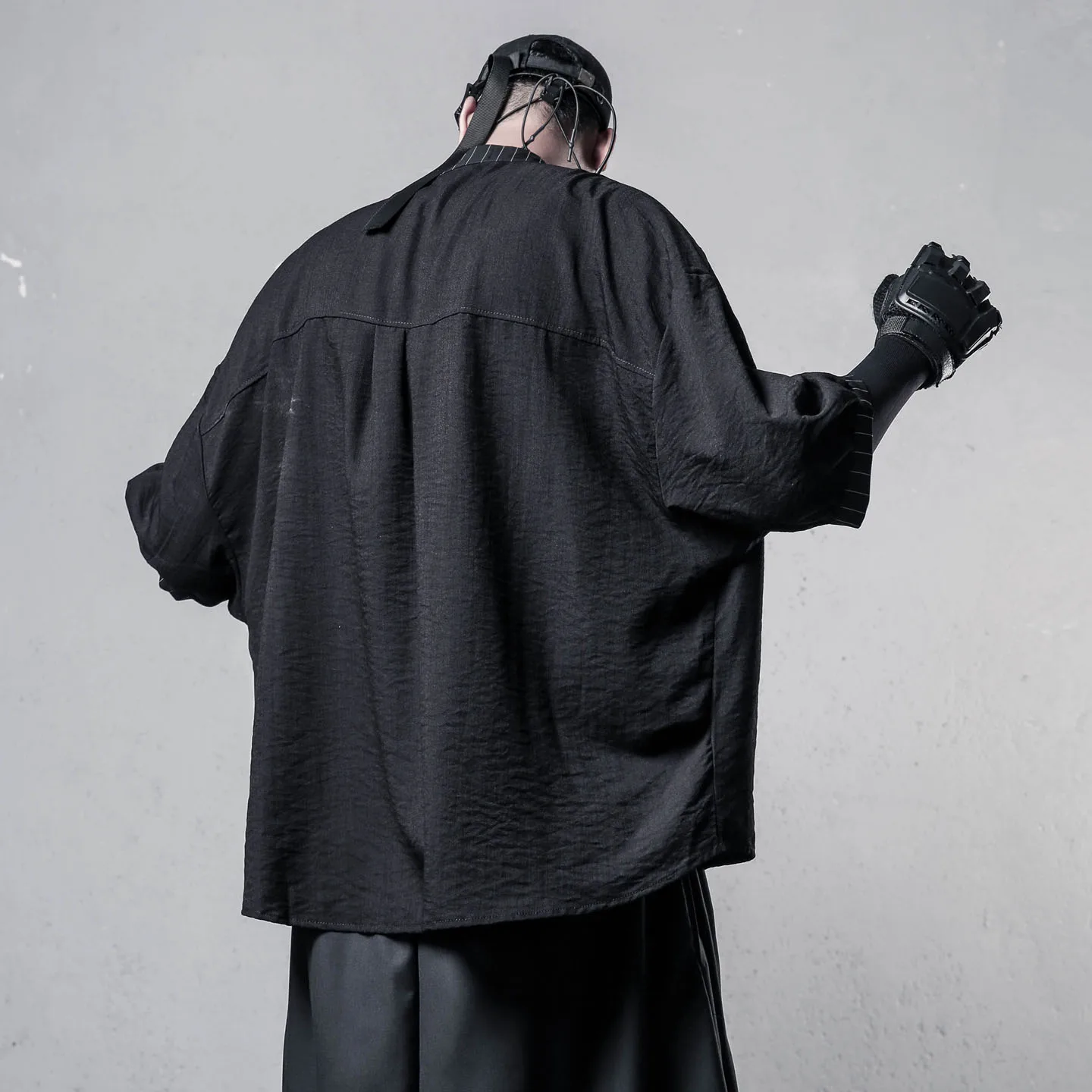 Style Deconstruction Design Asymmetric Stripes Patchwork Shirt Dark Loose Three-Quarter Length Sleeves Short Men