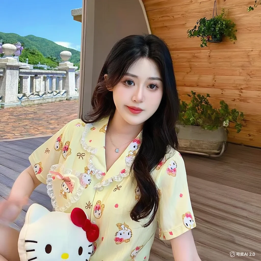 

Sanrio Кружевная тонкая модель Летние милые милые шорты Hello Kittys Студенческие шорты Stay At Home Sleep Удобный комплект с короткими рукавами Свежий новый