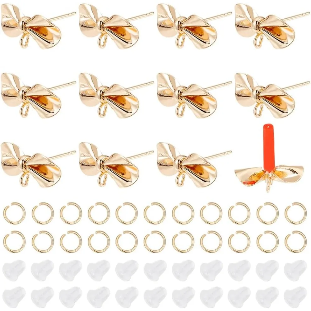 

12 Pcs Brass Bow Earring Studs 30 Pcs Open Jump Rings and 30 Pcs Plastic Ear Nuts Real Earring Making Set for Jewelry Making