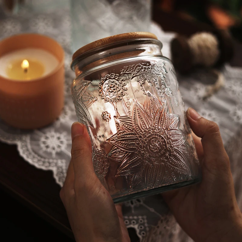 Retro Begonia Pattern Glass Sealed Jar Creative Food Grade Dried Fruit Snack Nut Storage Jar Kitchen Storage Supplies