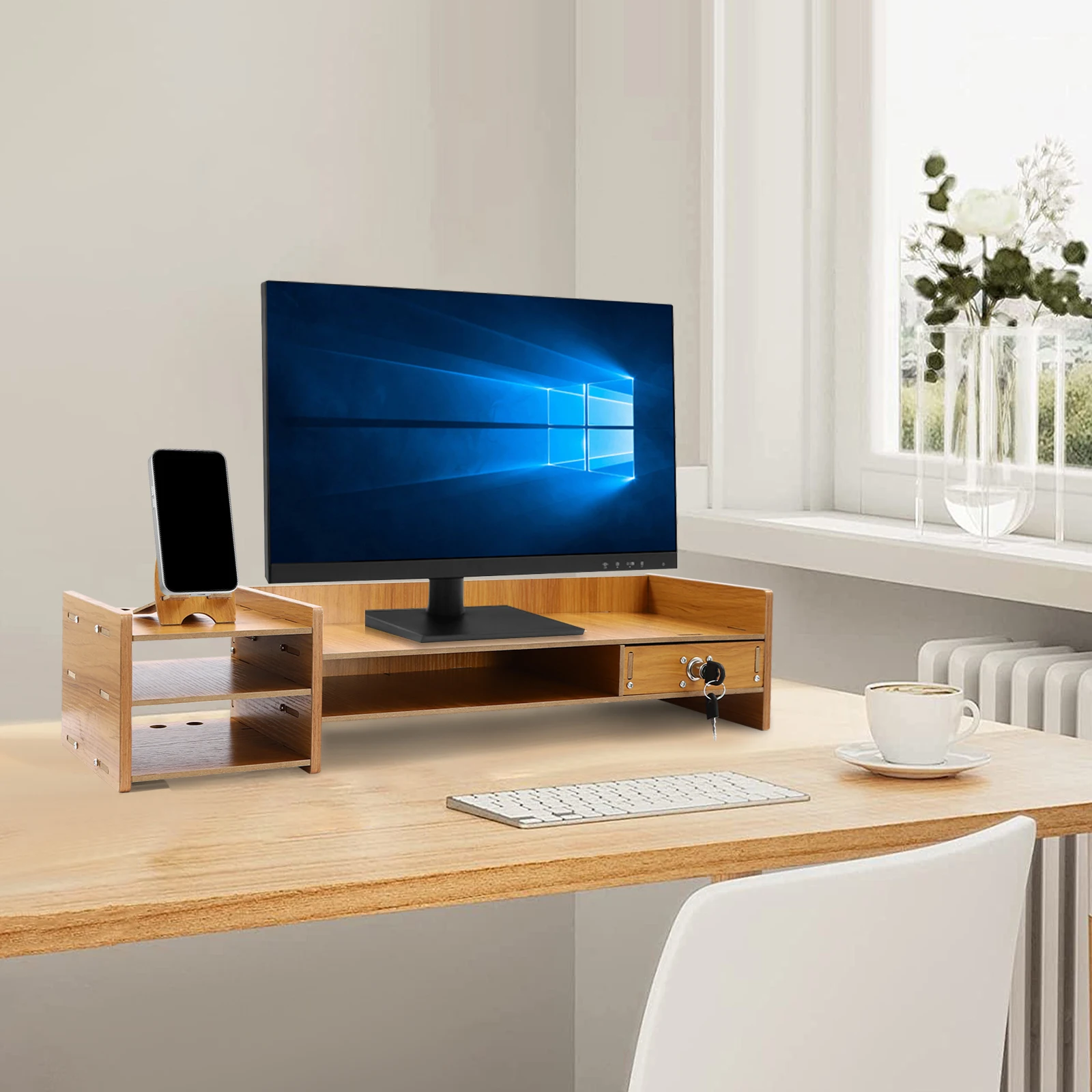 Computer Monitor Stand, Wood Desk Rack w/ Lockable Drawer, Phone Holder & Pen Holes，Laptop/PC Riser for Study Office Home School