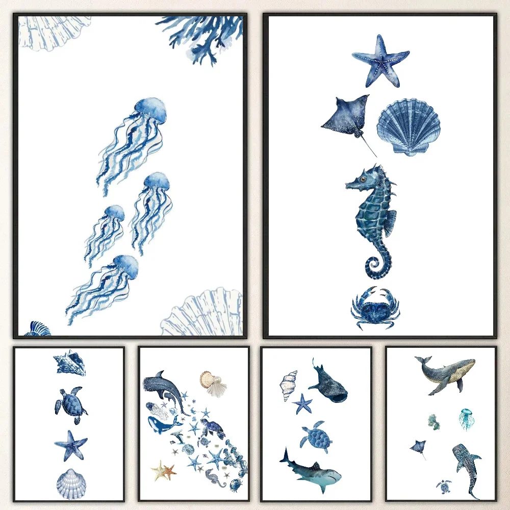 Póster de tiburón y calamar de Medusa Cyanea, Animal marino Retro, arte autoadhesivo, pegatina de papel impermeable, decoración de pared, 1 ud.