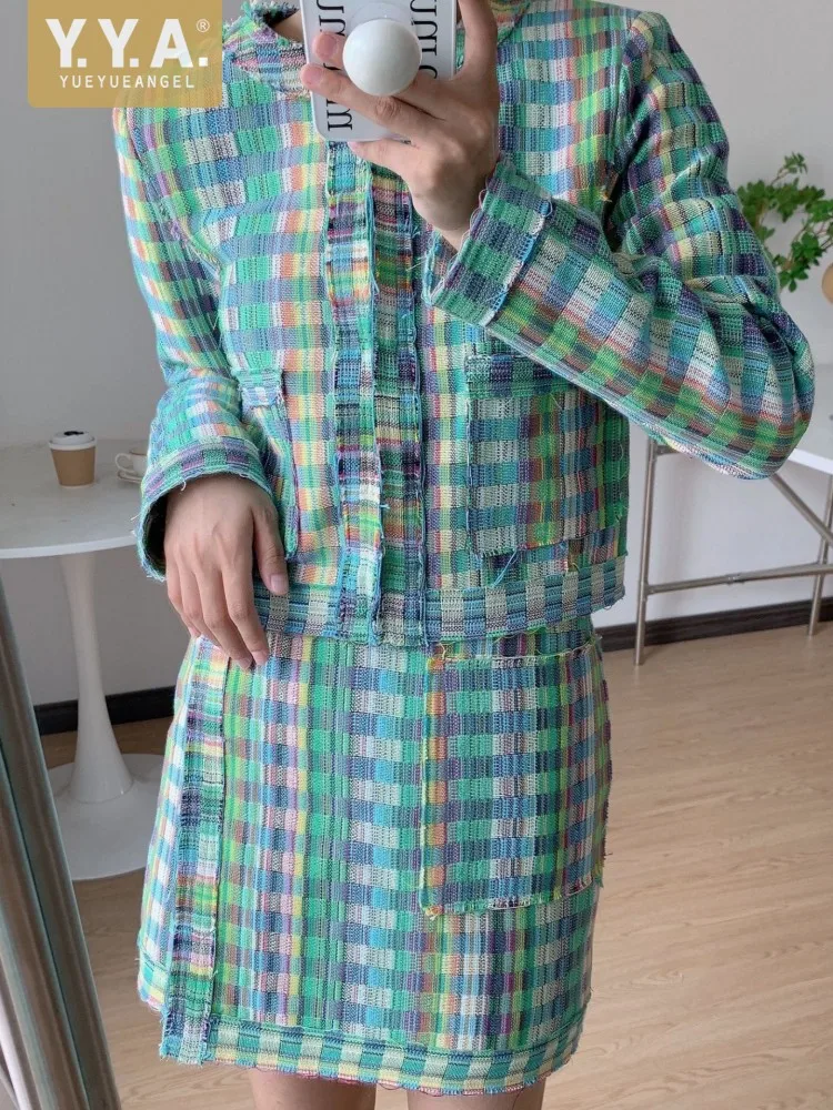 Office Ladies Fashion Weave Lattice Jacket Spring Autumn Long Sleeve O-Neck Elegant Tweed Short Coat Slim Fit  Women Outerwear