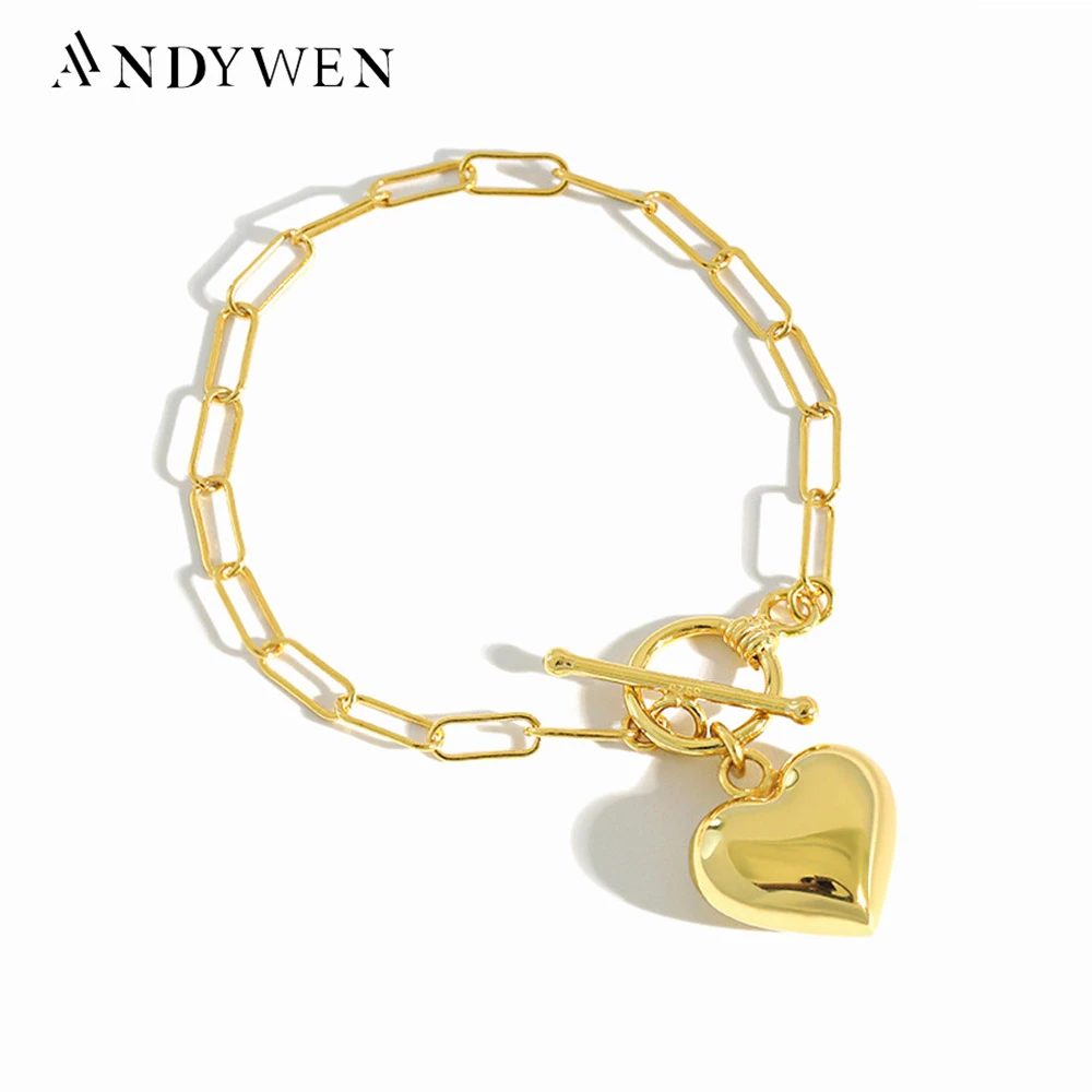 ANDYWEN New 925 Sterling Silver Gold Heart Big large Horoscope Chain Bracelet 100% 2020 Rock Punk Jewelry Fashion Jewels Party