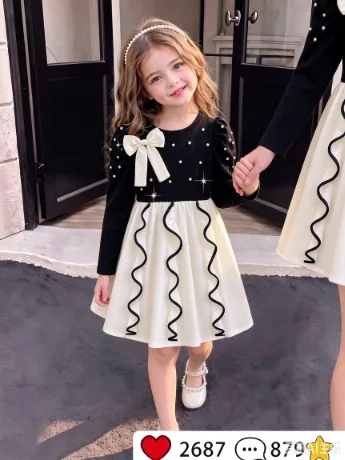 2026 Girl Feature Dress Elegant Pearl Black Bowknot Fashion Princess Dress