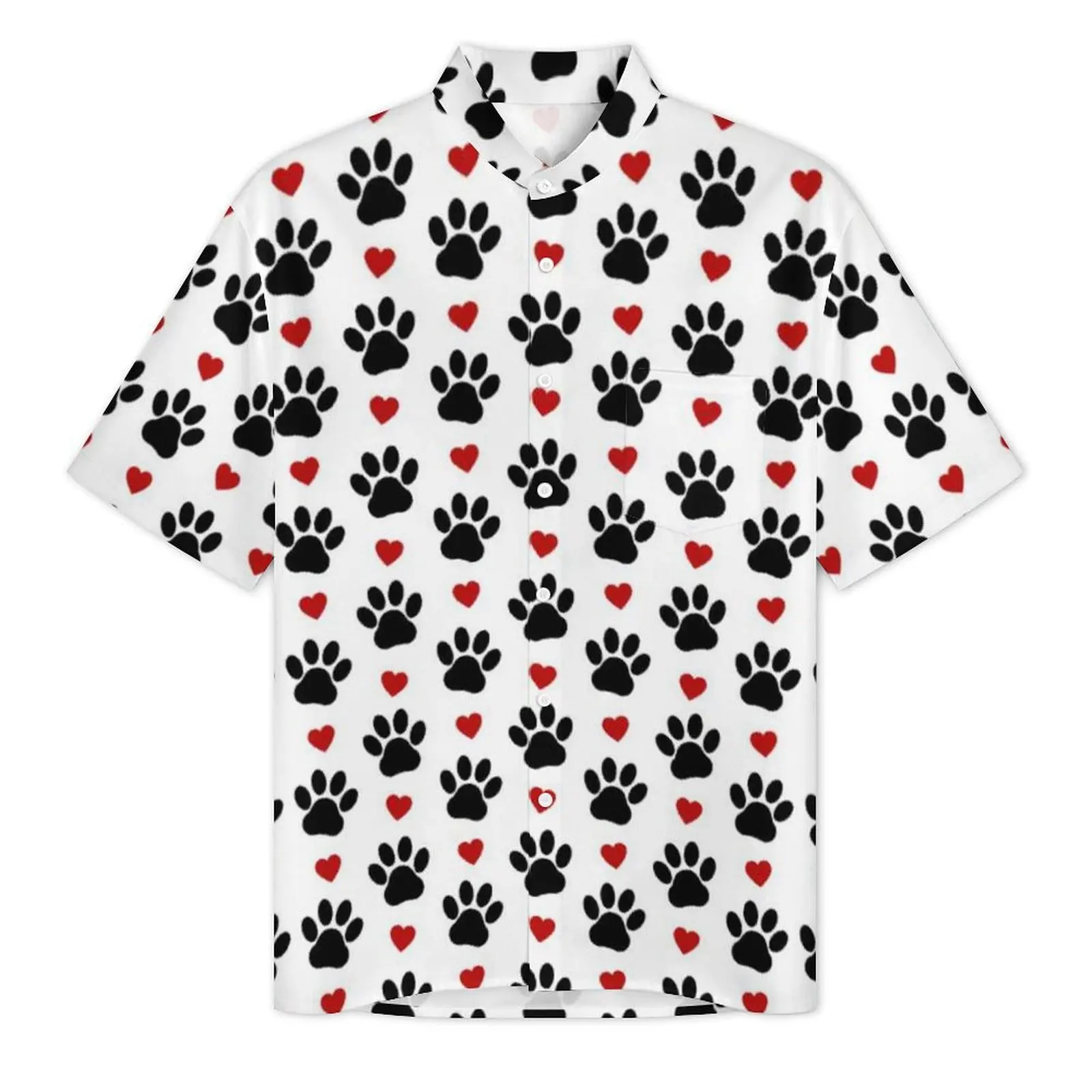 Cute Red Heart Beach Shirt Black Paws Print Hawaiian Casual Shirts Man Elegant Blouses Short Sleeve Streetwear Pattern Clothes