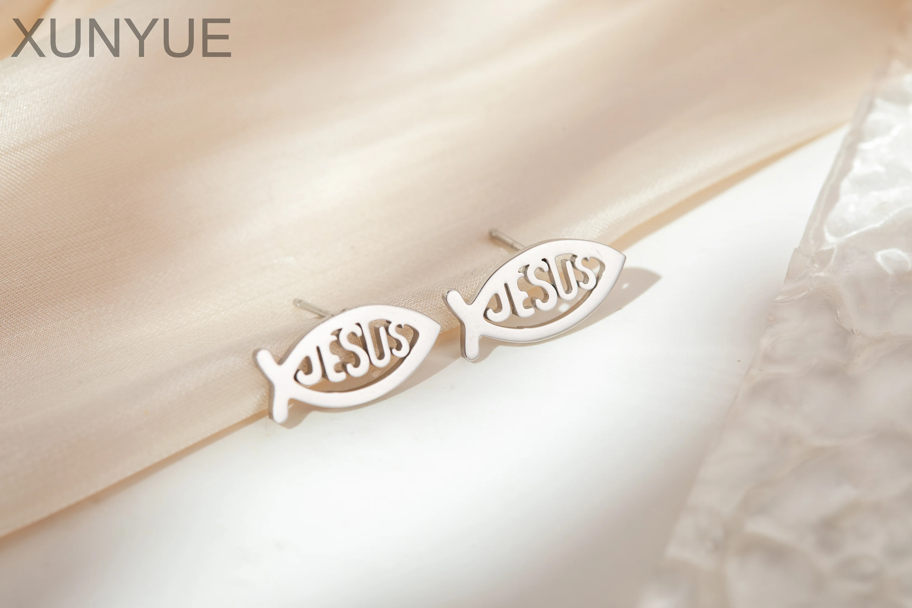 Vintage Stainless Steel  Fish Shape JESUS Earrings Christian Symbol Jesus  Ear studs Fish Pendant  For Unisex