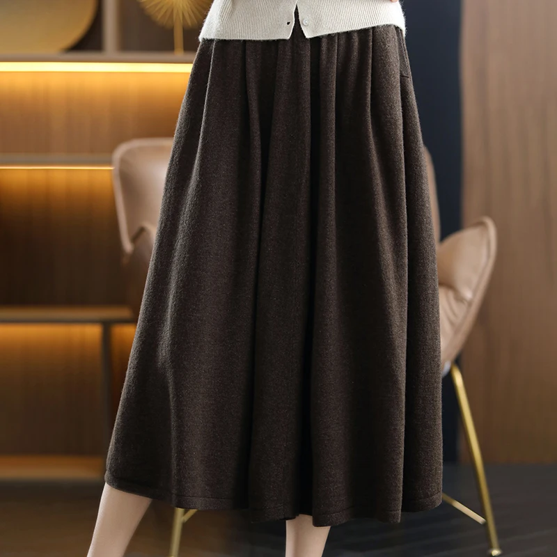 Spring 2025 New Loose Skirt Women's 100% Merino Wool Solid Color Over-the-knee Skirt Umbrella Skirt Korean Women's Clothes