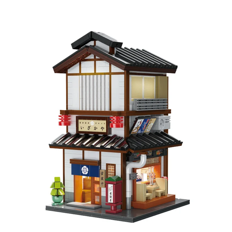 

Japan City Street View Building Block Japanese Yakitori Izakaya Model Bricks Barbecue Restaurant Model Sets Toys With Light