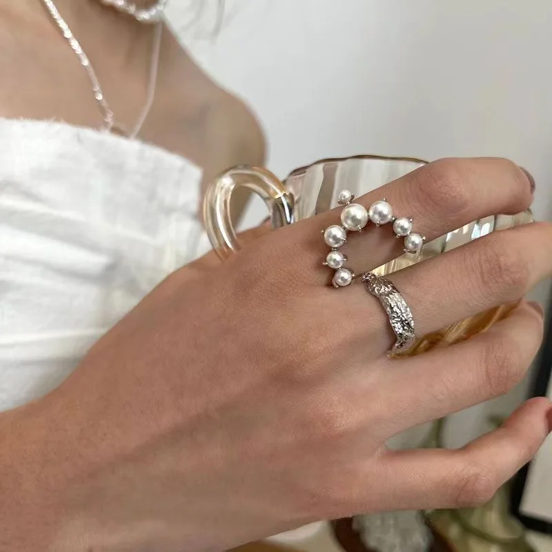 Silver Color Rings Double Hollowed-Out Imitation Pearl Adjustable Ring Women Fashion Light Luxury Party Jewelry кольцо женское