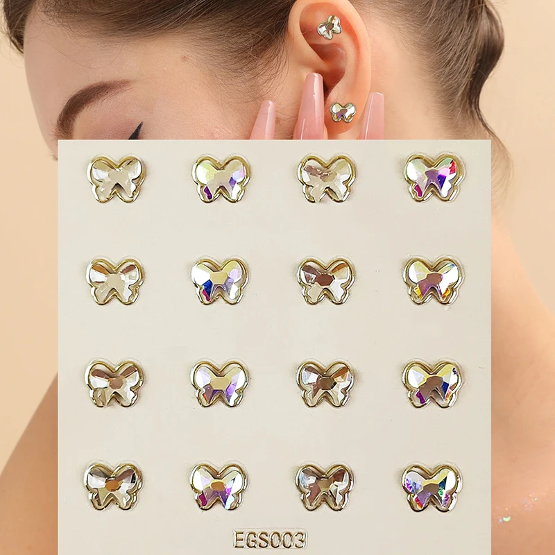 3D Earrings Stickers No Ear Hole Self Adhesive Butterfly Rhinestones Earrings Stickers Children Girls DIY Ear Decoration Gifts