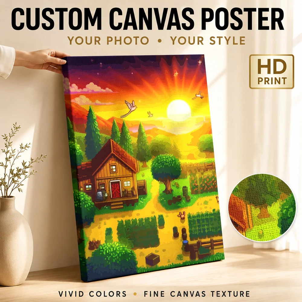 Stardew Valley Sunset Farm Scene Canvas Painting Posters Pixel Style Wall Art With Personalized Photo For Study Ideal Gamer Gift