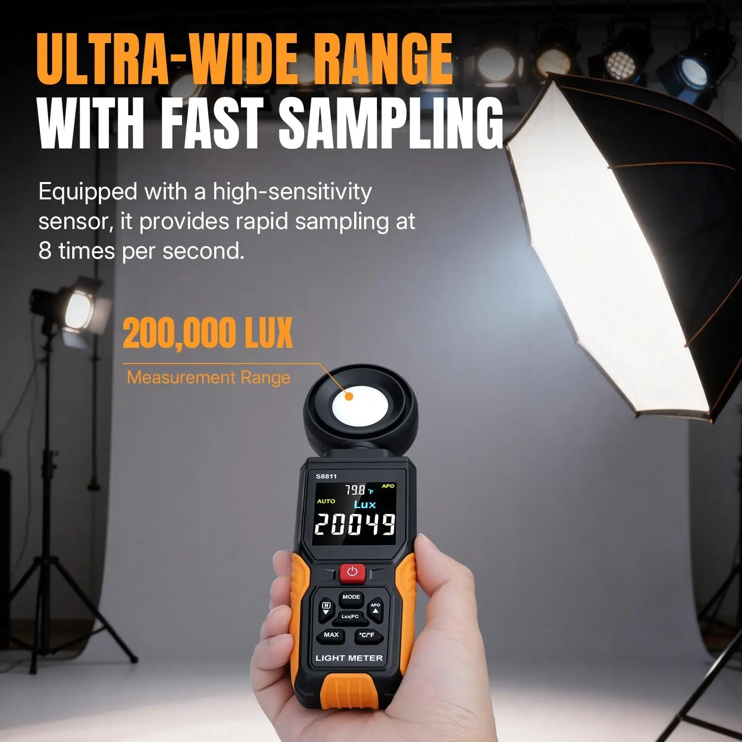 Digital Light Meter 200,000 Lux/Ft-C, 270° Swivel HD Color Screen Luxmeter with 8X/S Fast Sampling – High Precision Illuminance