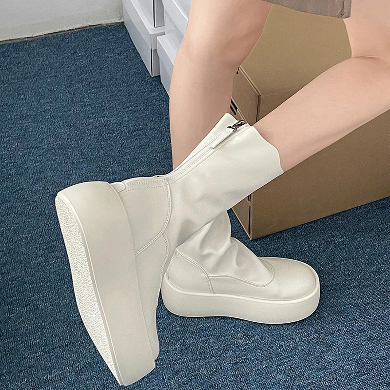 Bottes Courtes Rondes pour Femme, Chaussures Imperméables à Plateforme Plate, Chaussons de Rinçage, à la Mode, Automne et Hiver