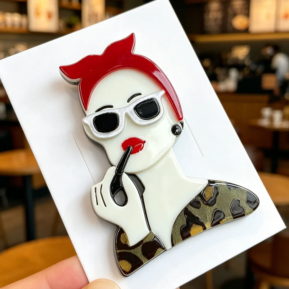 CINDY XIANG Handmade Acrylic Lady Brooch, Stylish Woman with Sunglasses & Lipstick Pin, Leopard Print Lapel Pin for Jackets