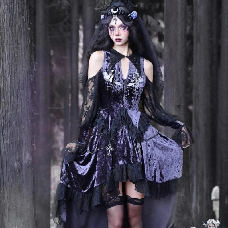 Purple Sexy Women's Clothing 2025 New Velvet Atmosphere Embroidered Pointed Collar Lace Hollow Out Flared Sleeve Gothic Top Girl