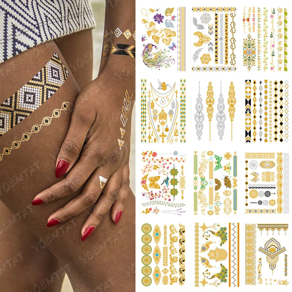 

5pcs Waterproof Temporary Tattoo Sticker Flower Mandala Henna Golden Silver Metallic Flash Tato Boho Lotus Glitter Body Art Leg