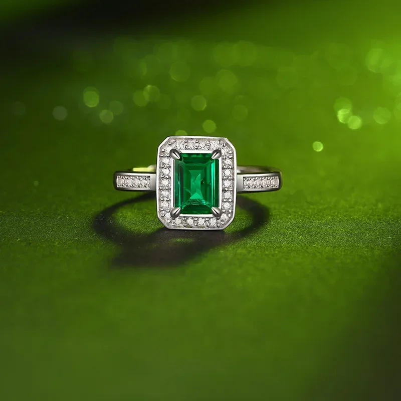 Silver Ring S925 Live Ring Cultured Emerald Gemstone Jewellery