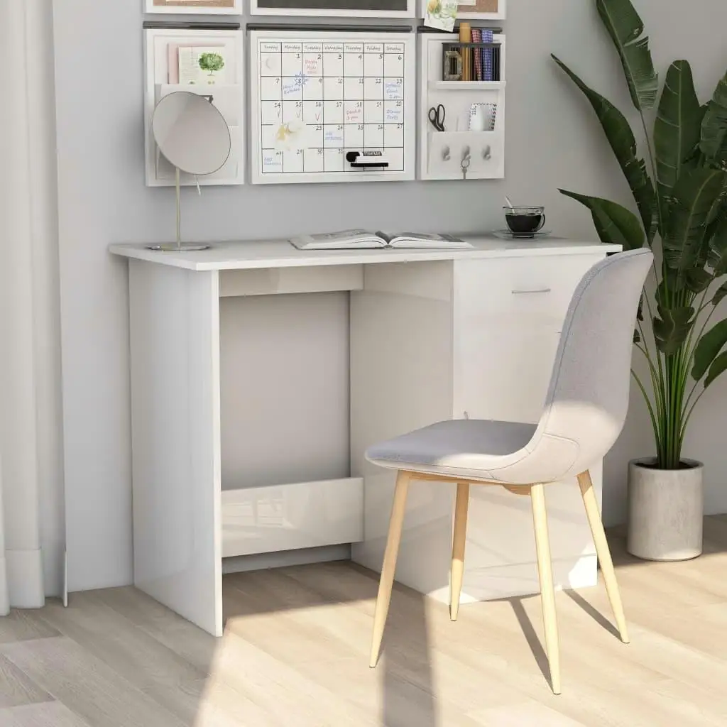 High Gloss White Desk - 39.4x19.7x29.9 Engineered Wood Home Office Furniture