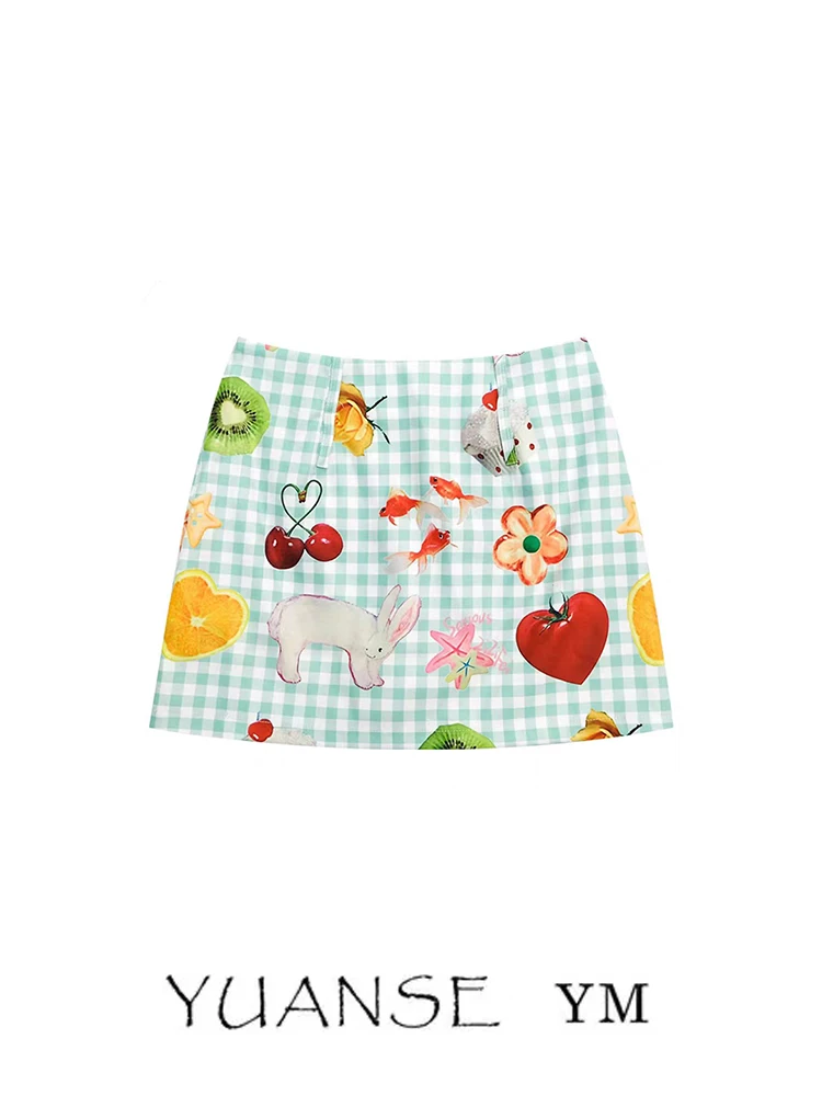 Summer New American Design High Waist Green Plaid  Skirt Women's A-Line Skirt Slimming Fruit Print Half-length Skirt