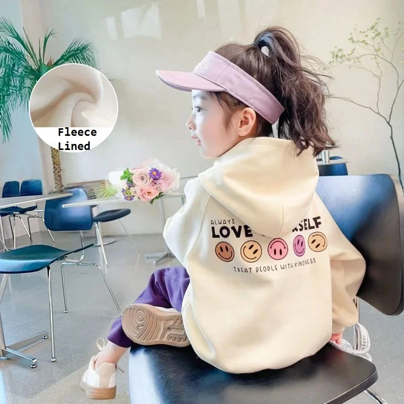 Warm Winter Girls Hooded Fleece Lined Apricot Sweatshirt Jackets School Kids Track Hoodie Child Workout Jumper Coat Tops 3-12Yrs