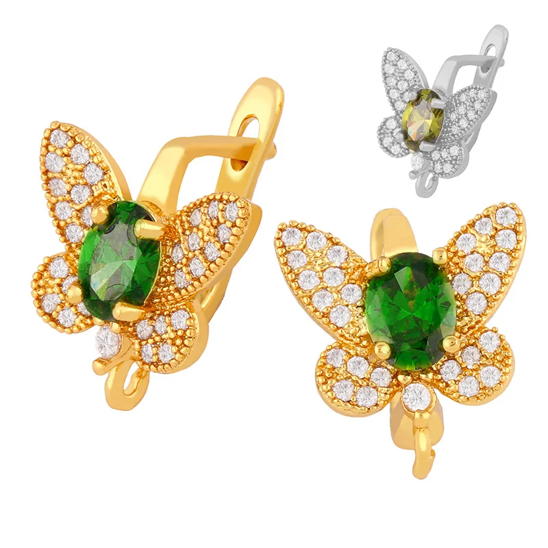 OCESRIO Gold Handmade Bead Big Green Stone Butterfly Zircon Earring Hook For Women With Crystal Boho Hollow Out  Jewelry erha064