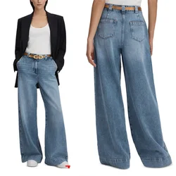 2024 New Blue Denim High Waist Loose Long Jeans Pants for Women Retro