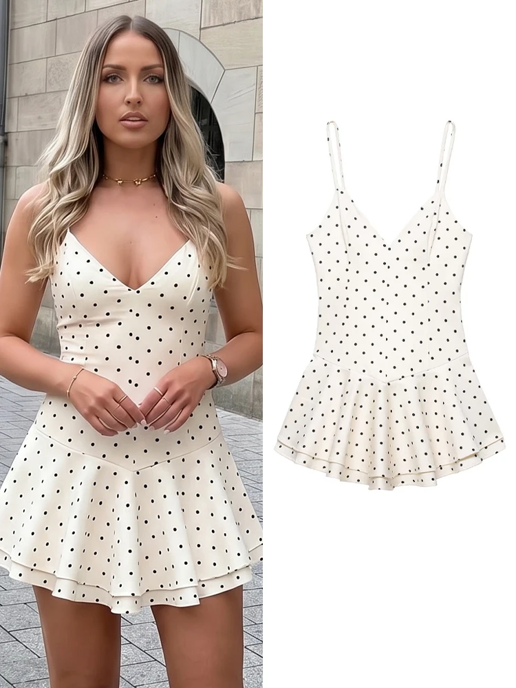 HH Damen Mode Polka Dot Print Kleid Schmal geschnittenes Spaghettiträger-Kleid Rückenfreies Elegantes Minikleid 2026 Sommer Strand Urlaub Party Outfit