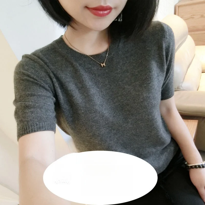 

Весенне-осенний свободный корейский вязаный шерстяной свитер с круглым вырезом и коротким рукавом, тонкая женская комфортная дышащая футболка-топ