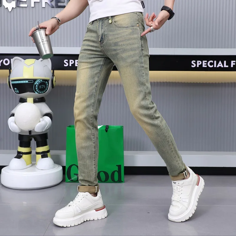 Retro Yellow mud-color jeans men's summer thin stretch slim fit skinny simple all-match Street skinny long pants