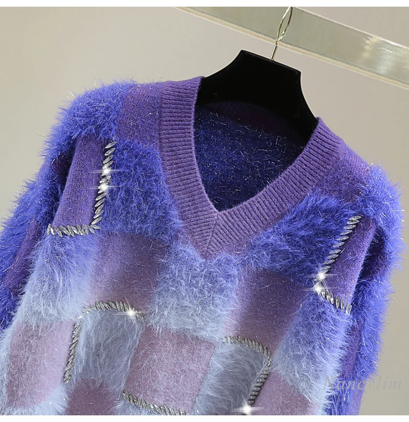 Gradient Bright Silk V-neck Mohair Knitted Sweater Women High Waist Short Heavy Industry Diamond-encrusted Plaid Sweater Top