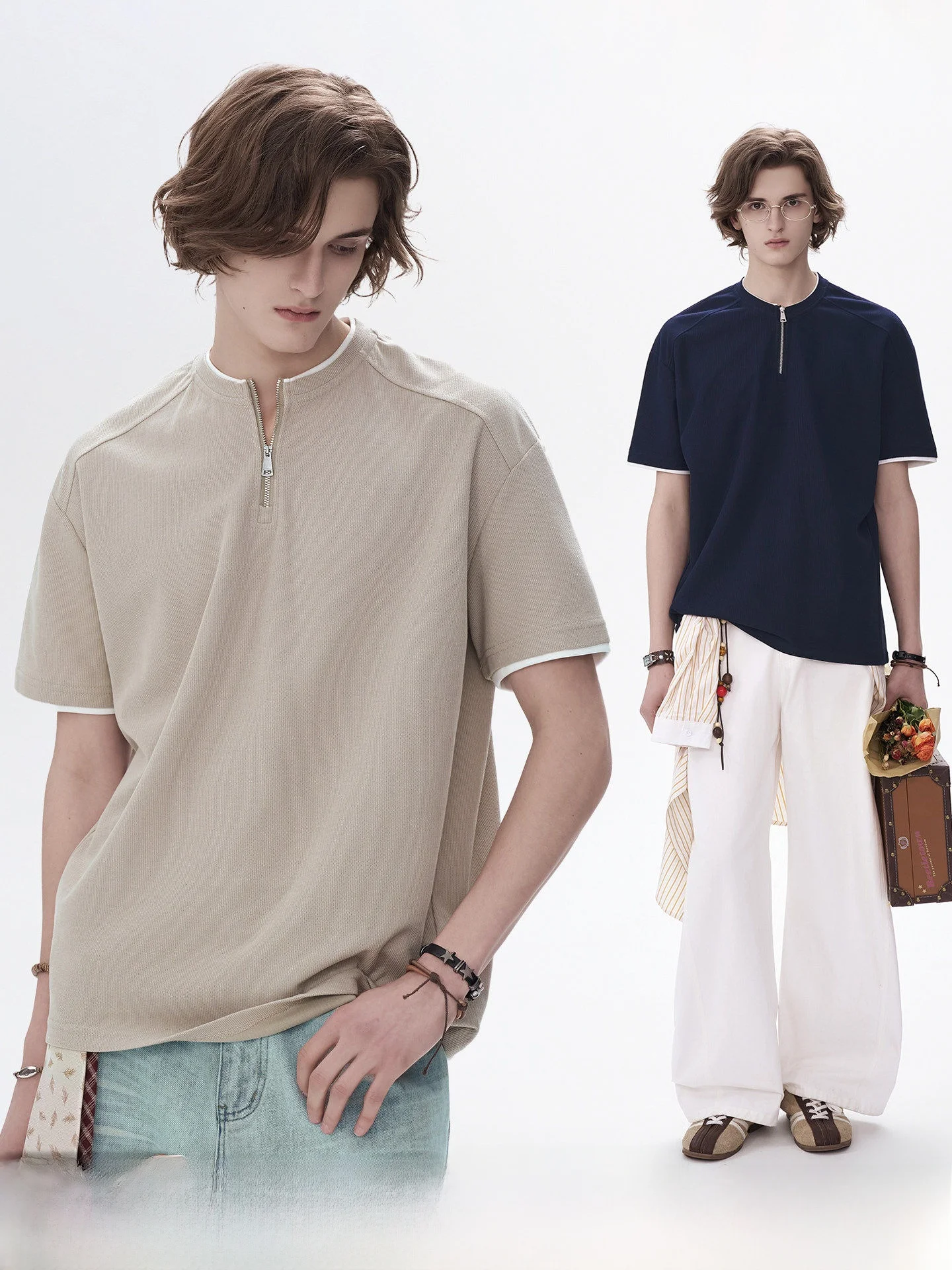 

American Retro Half Zipper Fake Two-Piece Shoulder T-Shirt Men's Summer Short Sleeve Cotton Blend Loose Fit Casual Top
