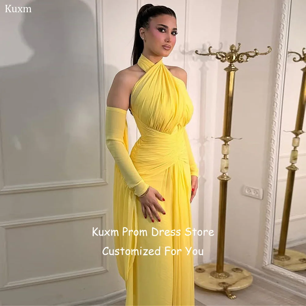 Kuxm Yellow Chiffon A Line Evening Dresses Women Halter Ribbons Prom Gowns Sleeveless Backless Vintage Robe De Soirée Customized