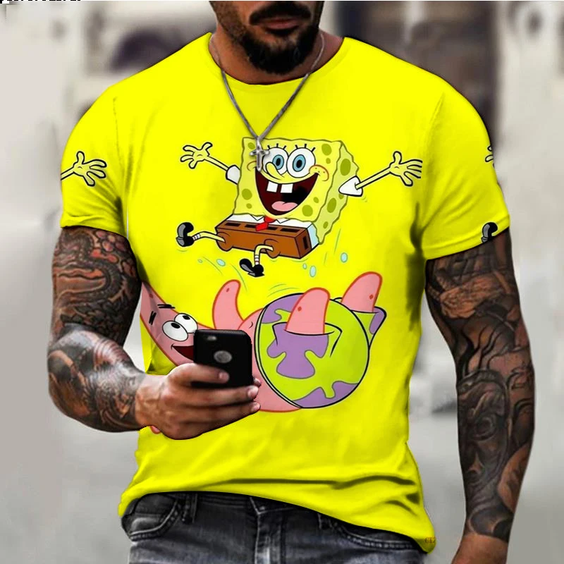 SpongeBob cartoon print children\'s T-shirt 2024 summer new Harajuku trendy brand all-match men\'s round neck casual T-shirt