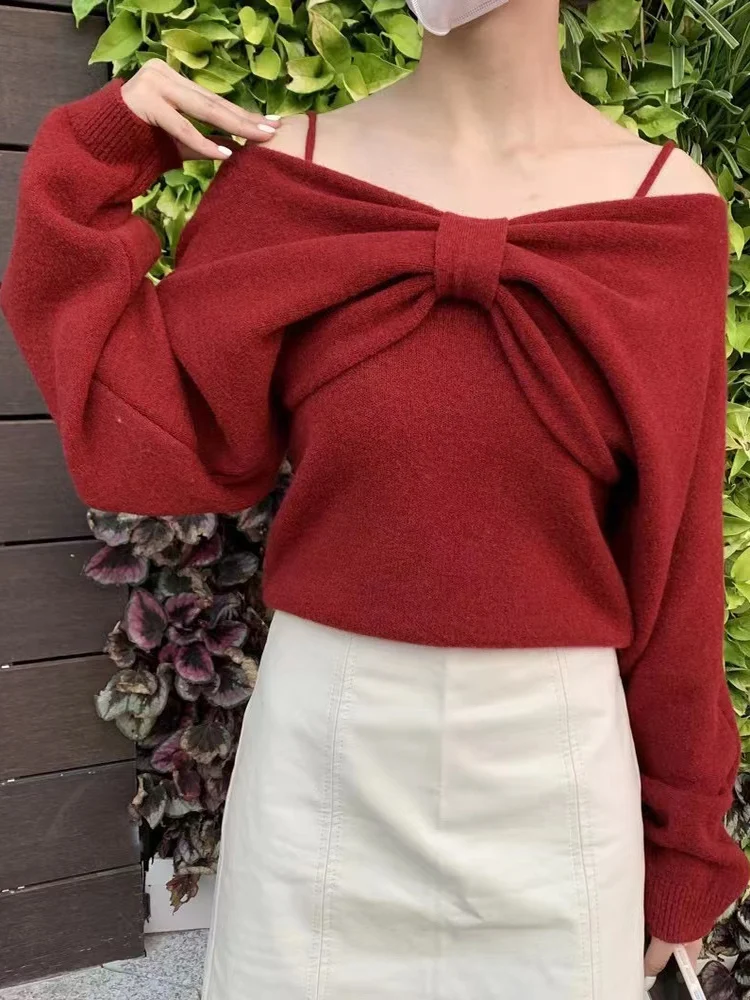 

Red Knitted ort Base irt Women's Inner Wear oulder Bared Sweater Spring Autumn Winter Faion High End Feel Polyester F...