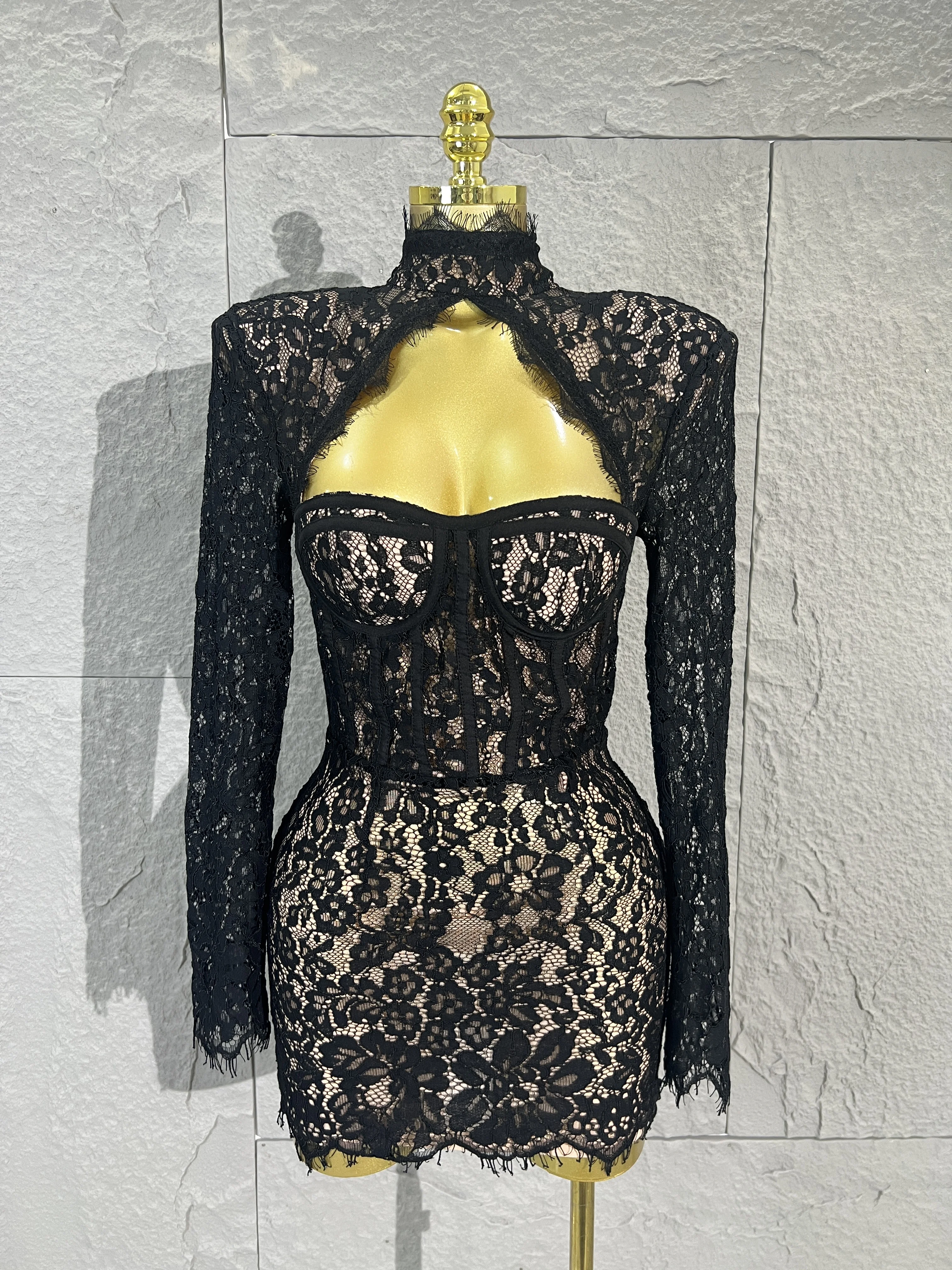 Women Black Lace Mini Dress Long SleeveHigh Neck Hollow Out Bodycon Corset DressNightclub Birthday Party Short Evening Gown