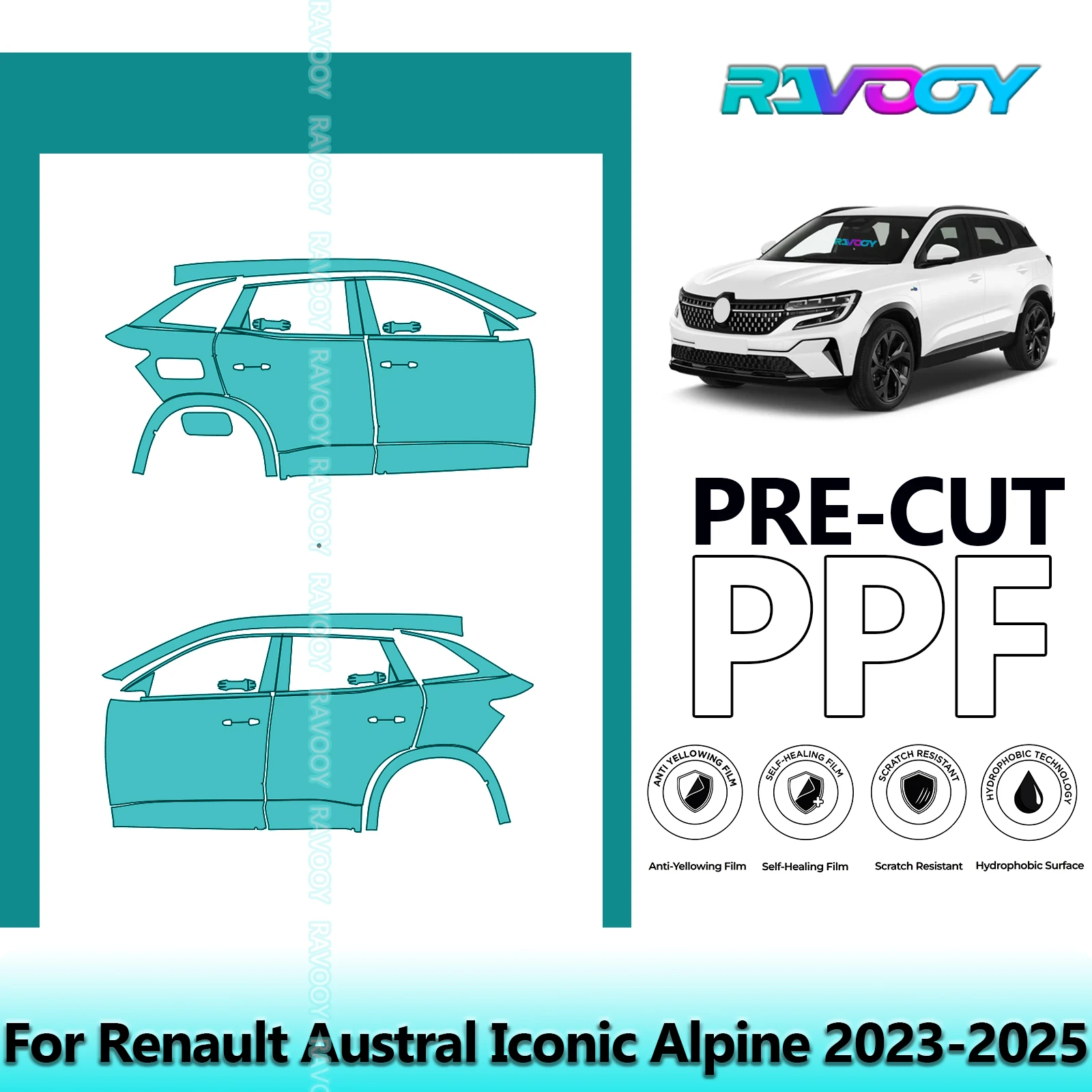 

For Renault Austral Iconic Alpine 2023-2025 8.5mil Clear Matte Pre-Cut PPF Door & A/B Pillar Kit TPU Paint Protection Film Set