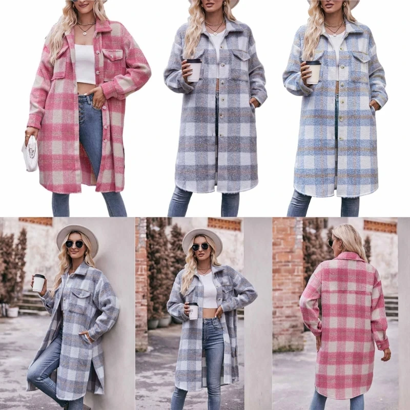 Casual Plaids Mohair Jackets Button Down Long Sleeve Jackets Coat Tops MidLong Shacket Trenchs Coat Lapel Collar Jackets