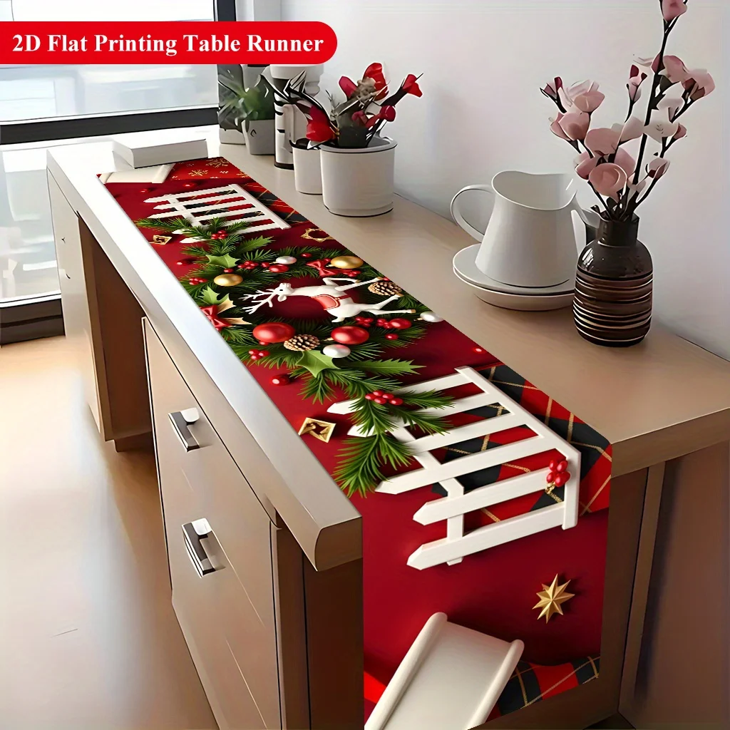 1pc 2D Flat Table Runner, Christmas Wreath and White Fence Printed Rectangle Table Runner, Decor for Dining Table