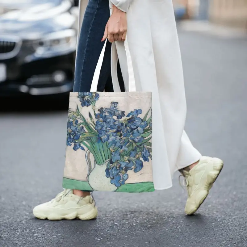 Custom Vincent Van Gogh Irissen Winkelen Canvas Tassen Vrouwen Herbruikbare Kruidenier Art Schilderen Tote Shopper Tassen