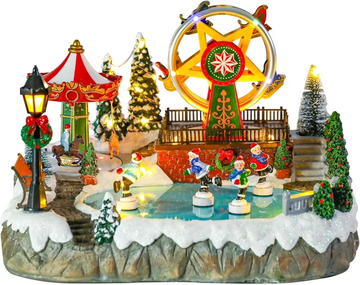 

Christmas Village Lighted Decoration with Carousel, Ferris Wheel, Skaters | 11.4 x 10.4 x 7.7 Inches Animated Holiday Scene