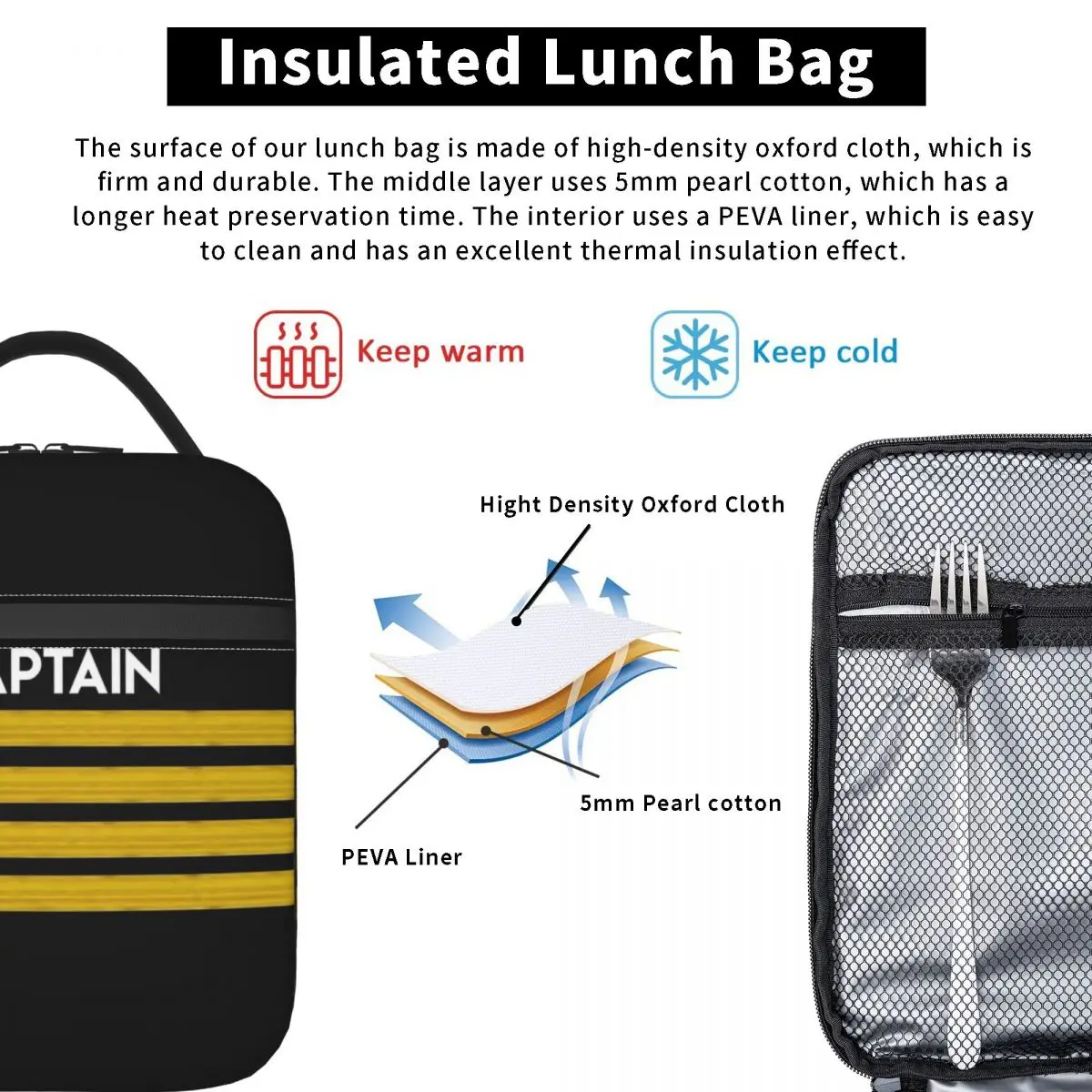 Capitão Stripes Epaulettes Insulated Lunch Bags, Escola, Aviação, Piloto de avião, Reutilizável Thermal Cooler Bento Box, Mulheres, Crianças